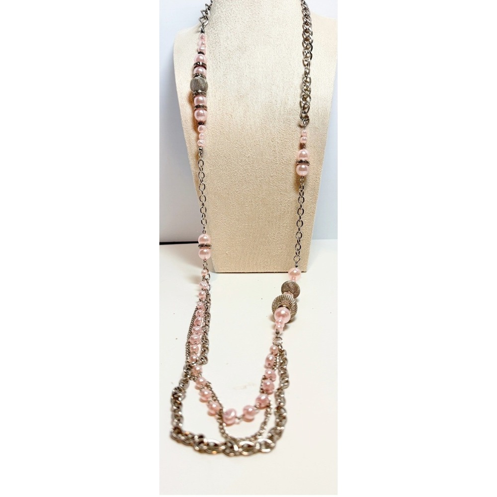 Long‎ Pink Silver Tone Asymmetrical Multi Strand Beaded Necklace 37–39"